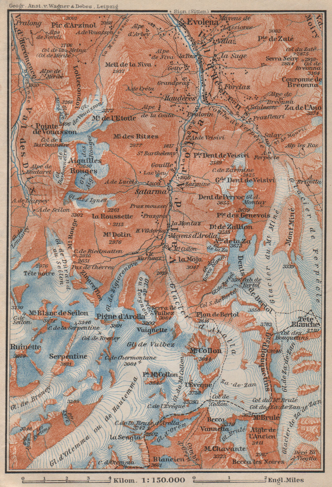 VAL D'AROLLA. Evolène Hérens Mont Collon Tête Blanche Aiguilles Rouges 1907 map